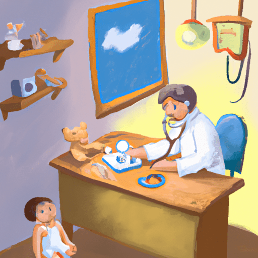 3. איור של ילד שנבדק על ידי רופא הילדים בחדרו, מוקף בצעצועים וחפצים מוכרים.